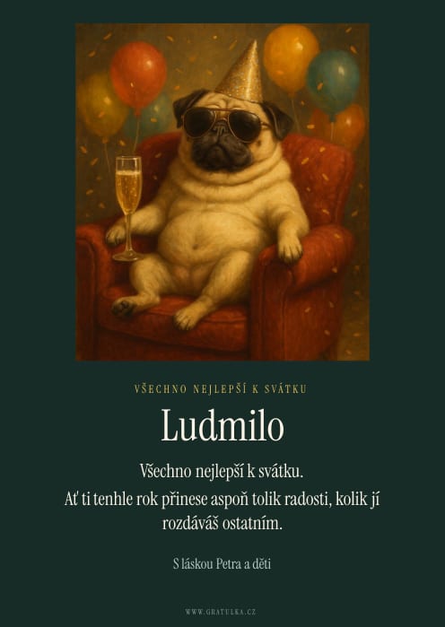 Ukázka přání, šablona Mops v křesle