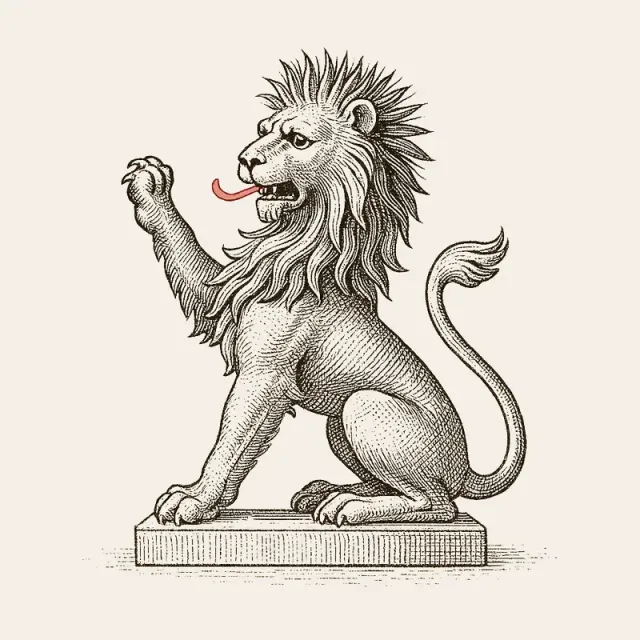 Rytina k původu jména Leoš: „česká podoba jména Leo, „lev““